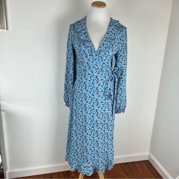 Aritzia Little Moon Elm Blue Floral Wrap Midi Dress Cottagecore Prairie B13 - Picture 6 of 10